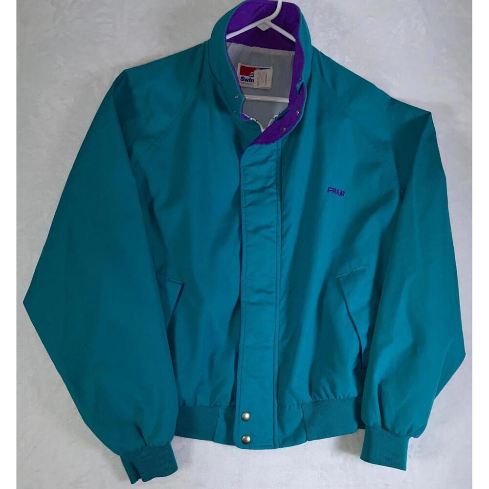 Vintage 80s Swingster Fram NASCAR Zip Up Teal/ Purple Bomber Jacket XLarge